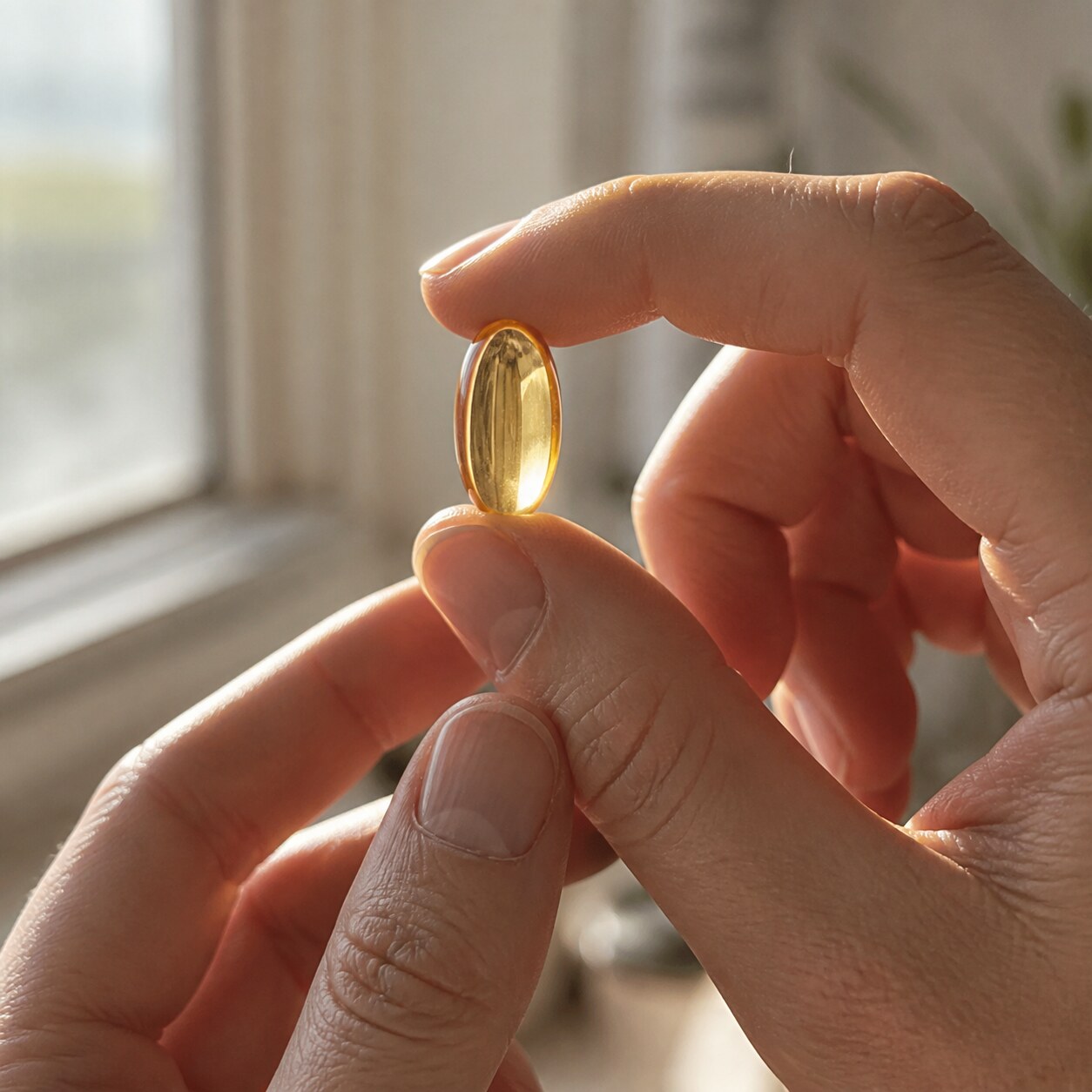 Softgel capsule held up to light
