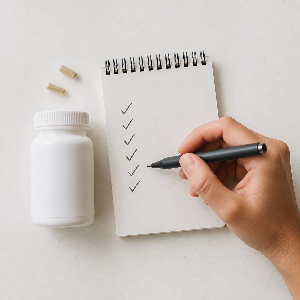Checklist next to supplement bottle